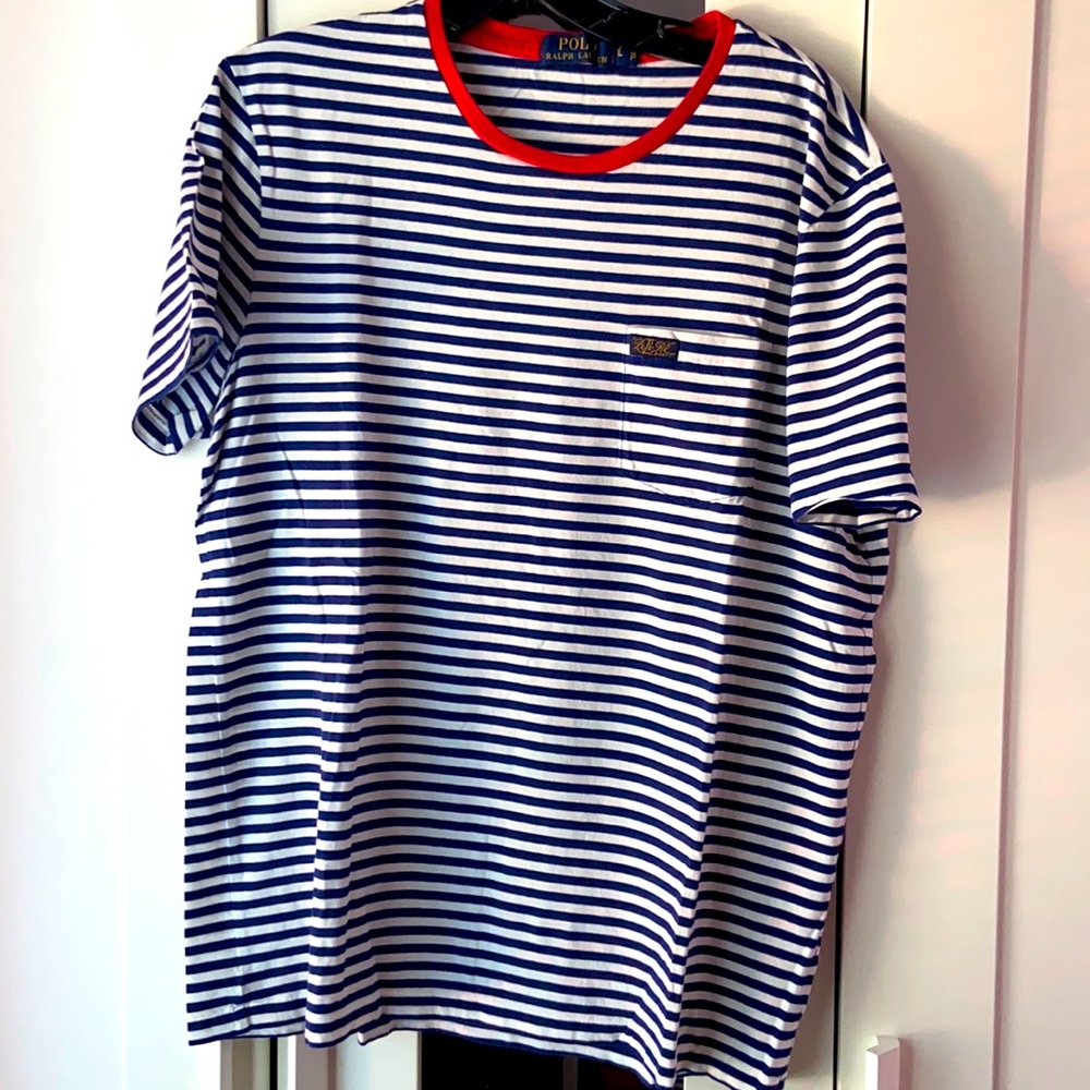 POLO RALPH LAUREN crewneck T-SHIRT BLUE & WHITE SIZE LARGE EXCELLENT CONDITION